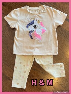 🦄 H&M Girls Cream Unicorn & Hearts Sequin Top&Pants 2pc Set -Pink Accents -Sz 4T